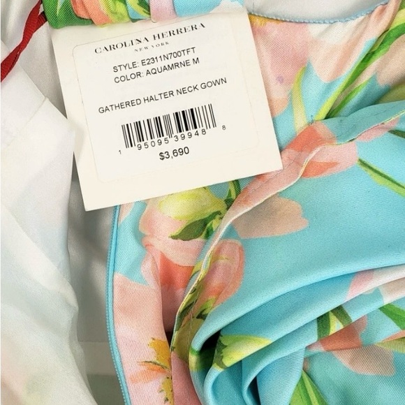 Carolina Herrera 100% Silk Floral Halter Maxi Dress in Light Blue and Green - Picture 4 of 5